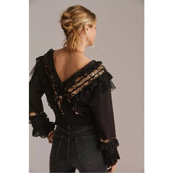 NEW Anthropologie Let Me Be Sequin V-Neck Hem Tie Ruffle Lace Top Blouse Medium - Picture 2 of 4